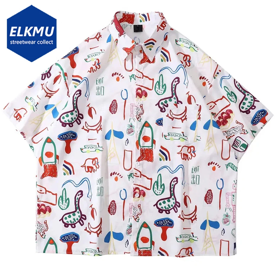 

Harajuku Men Shirts Funny Graffiti Cartoon Dinosaur Graphic Print Blouse Hip Hop Loose Short Sleeve Button Up Summer Shirts