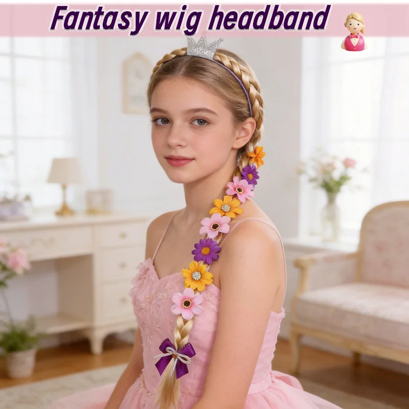 1/2 Stück Prinzessinnen-Blumen-Stirnband, Feen-Kostüm, geflochtenes langes Zopf-Stirnband, Mädchen-Einhorn-Geburtstagsparty-Cosplay-Kopfschmuck – Detail 2