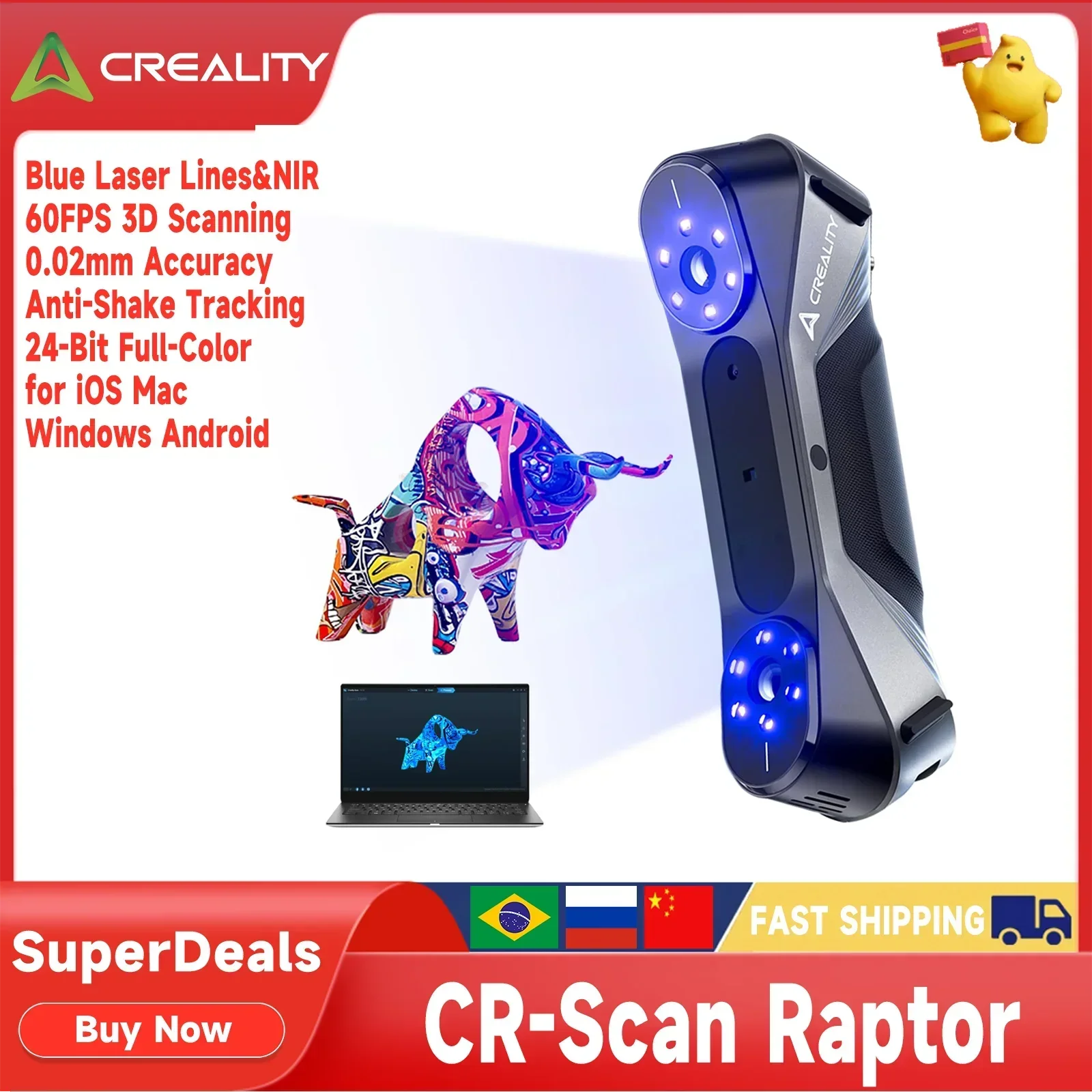 3D Scanner CREALITY CR-Scan Raptor 3D Scanner 0.02mm Metrology Accuracy 60fps Multiple-line Blue NIR Anti-shaking 24Bit Full-Color Scanning
