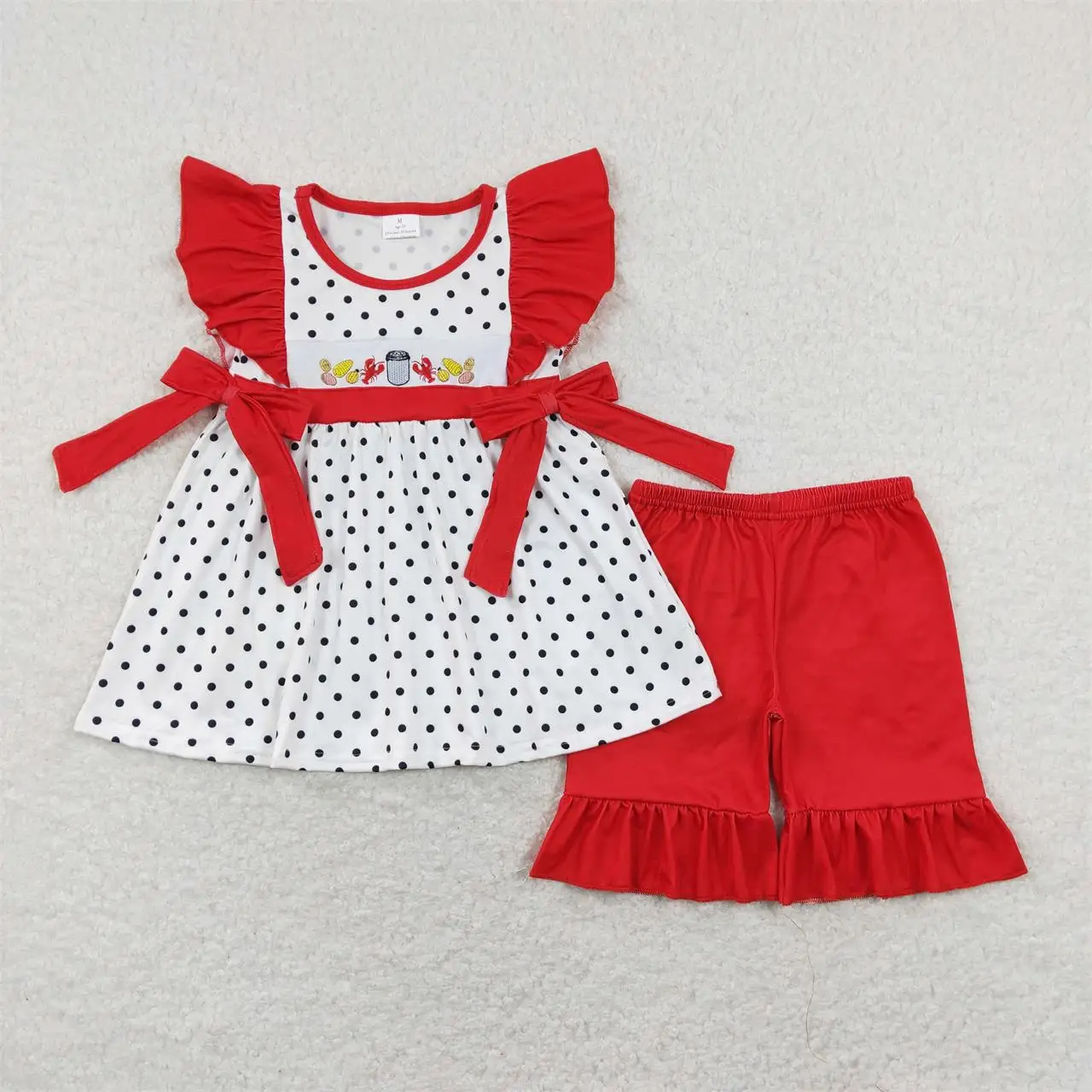 

Wholesale Baby Girl Crawfish Set Kids Children Summer Short Sleeves Embroidery Dots Tunic Outfit Toddler Red Ruffle Shorts