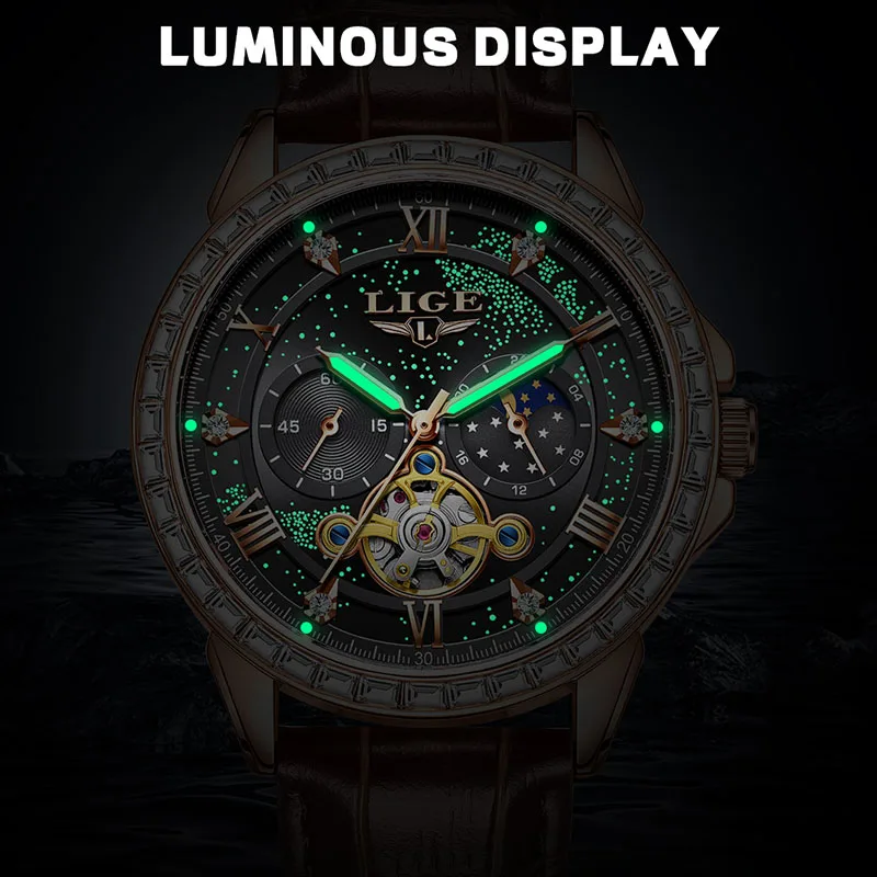 LIGE Automatic Watch For Men Fashion Brown Leather 24 hour Moon Phase Men's Mechanical Wristwatch Luminous Waterproof Watch Men