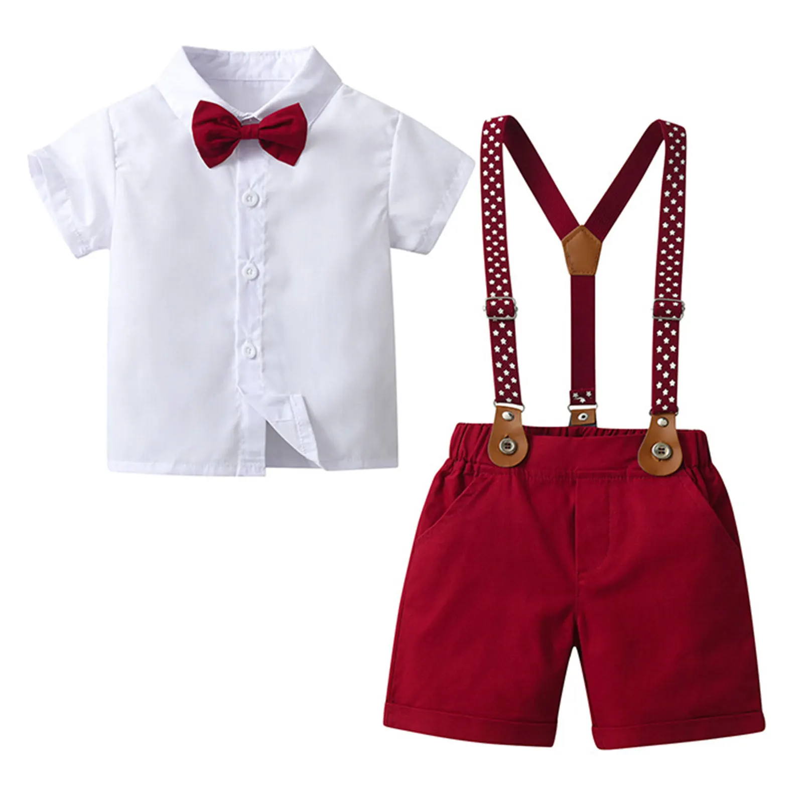 

Infant Baby Boys Clothes Cotton Gentleman Outfit for Birthday Wedding Party Short Sleeve Shirt+Suspender Shorts+Bowtie Set 3PCS
