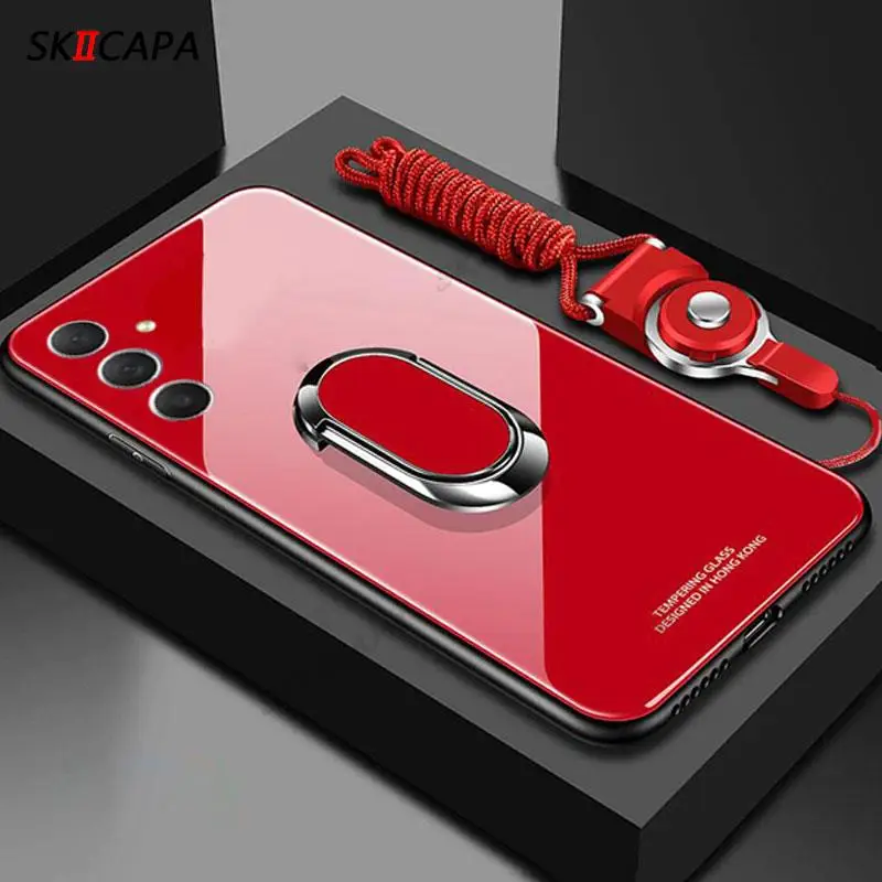 Enhanced Glossy Glass Shockproof Case with Magnetic Ring Holder and Soft Edges
