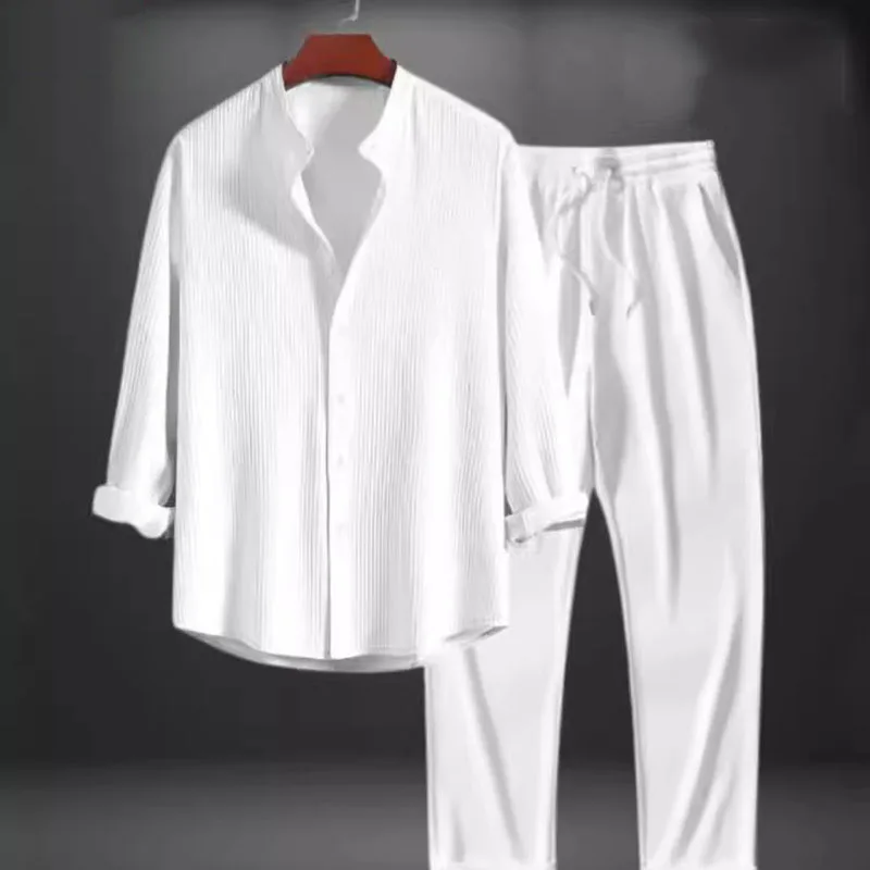 Two Pieces Single Breasted Shirts Men Sets Blouses Solid Drawstring Straight Ankle Length Pants Casual Sports Loose Pockets