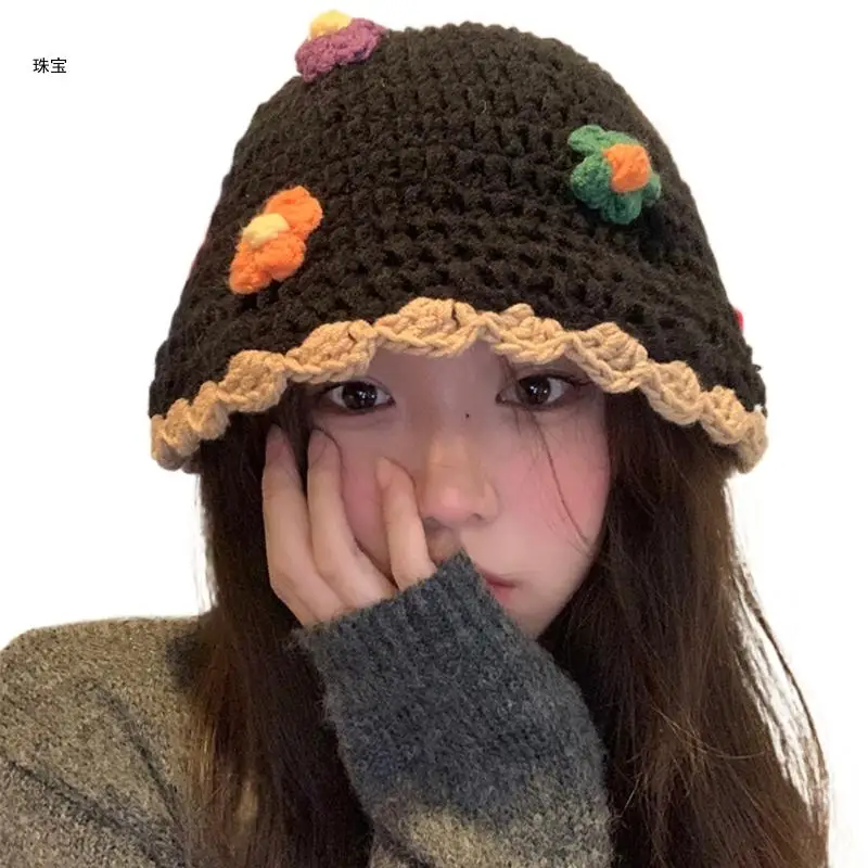 

X5QE 3D Flower Hat Womens Girl Handmade Knitted Bucket Hats Y2k Colorful Flower Hat