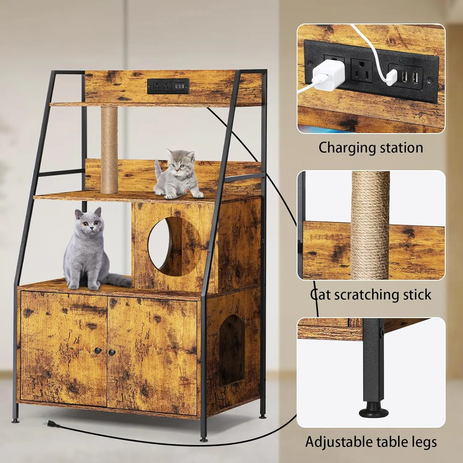 Cat Litter Box Enclosure with 2 Storage Shelves Enclosure Furniture with Charging Station Cat Washroom Cat Tree Tower