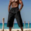 Summer Men's Casual Shorts Cotton Blended Long Elastic Waist Loose Pocket Drawstring 3/4 Length Shorts Daily Street Wear 3