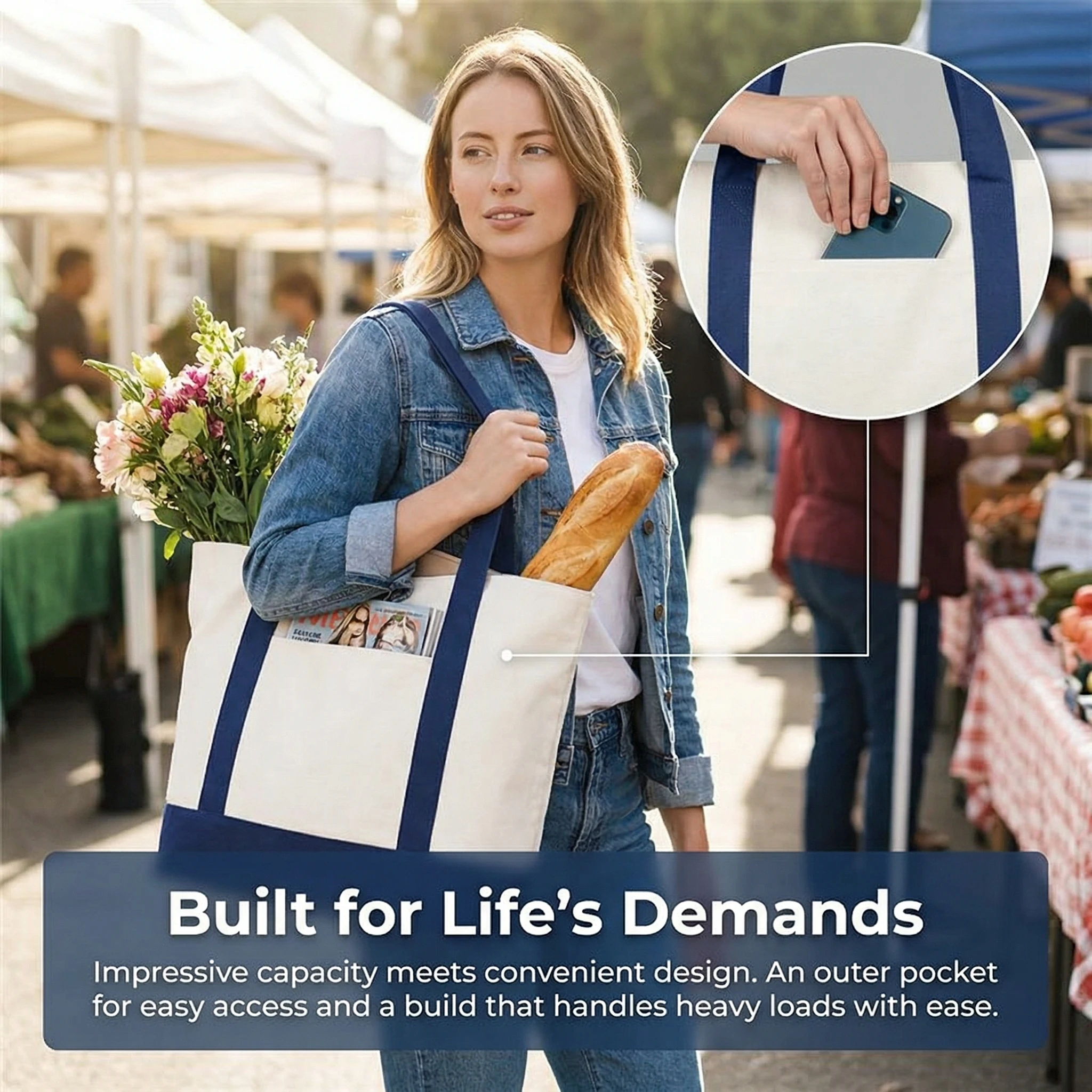 Versatile Canvas Tote Bag with External Pocket - Ideal for DIY Projects, Beach Outings, Weddings, and Daily Grocery Shopping