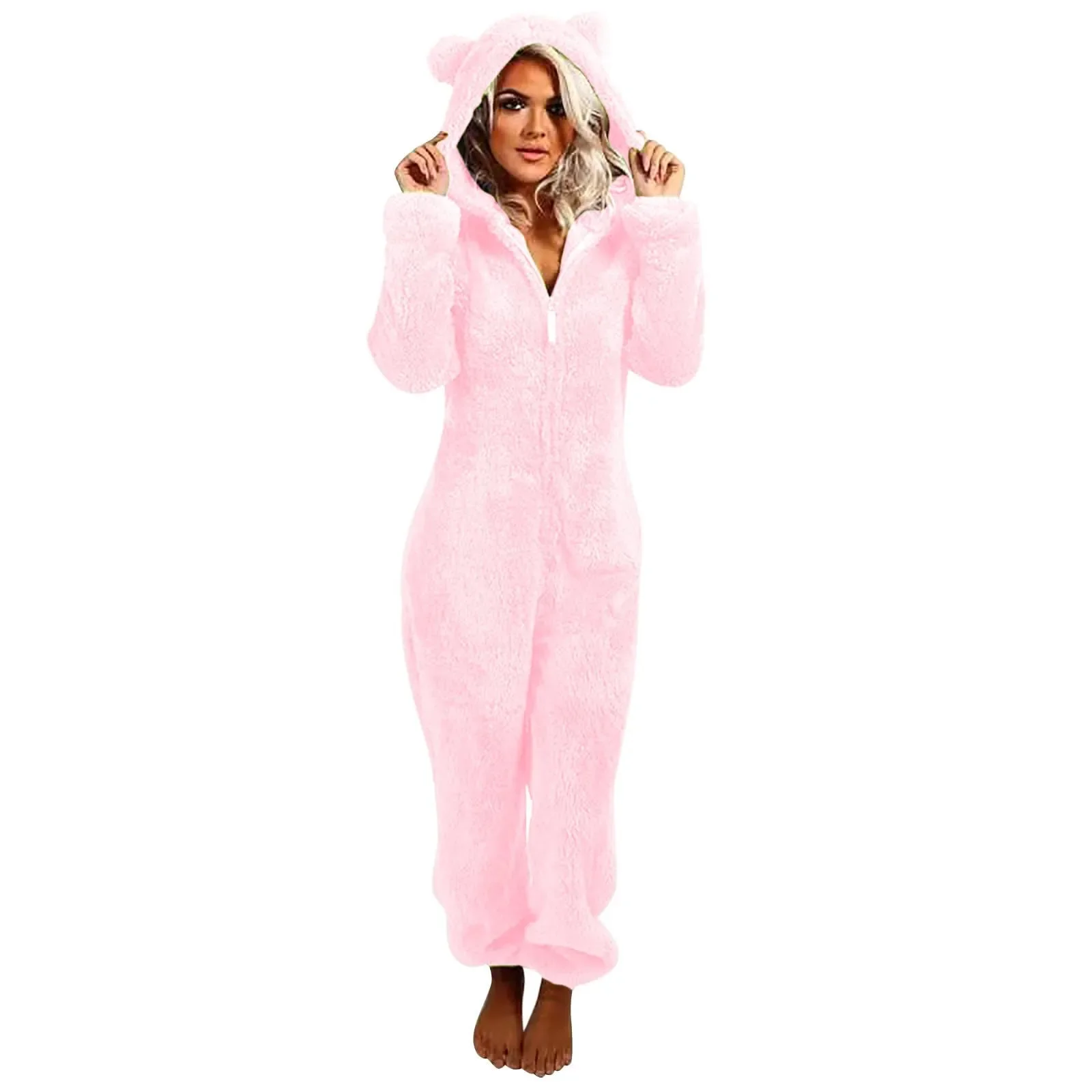 Plus Size Coral Fleece Jumpsuit For Women Christmas Pajamas One-Piece Pyjamas Winter Warm Women Hooded Onesies Sleepwear S-3xl