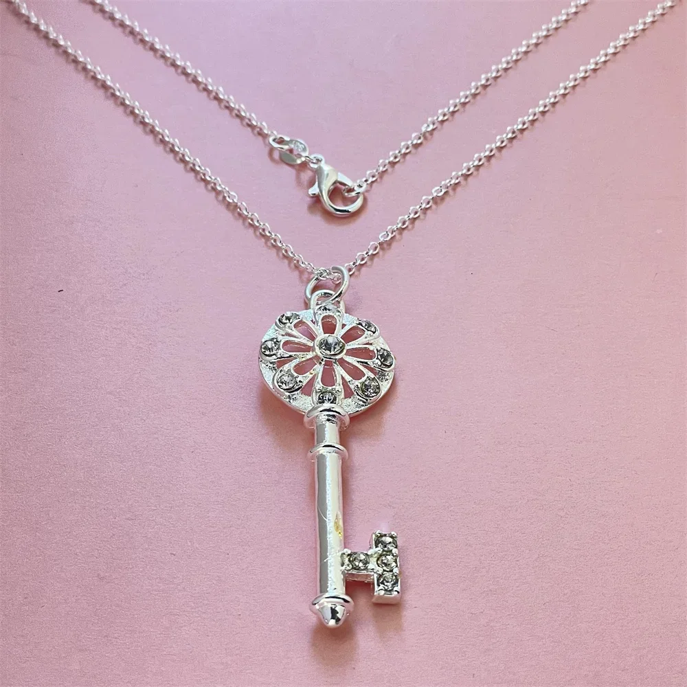 925 Silver Necklace With Round Key Inlaid Zircon Pendant, Suitable For Men And Women To Wear Daily