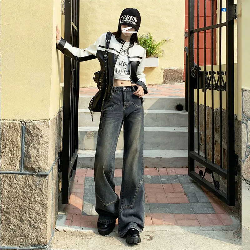 Denim Planet Cement Grey Retro Women's 2024 New Low Waisted Slim Fit Loose Wide Leg Flared Pants Jeans Female