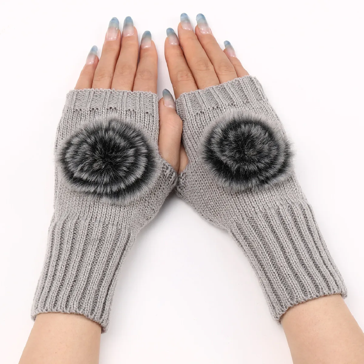 

Lady Winter Knitting Half-finger Gloves Fashion Pom Pom Women Short Fingerless Gloves Solid Color Arm Sleeve Warm Drive Mittens