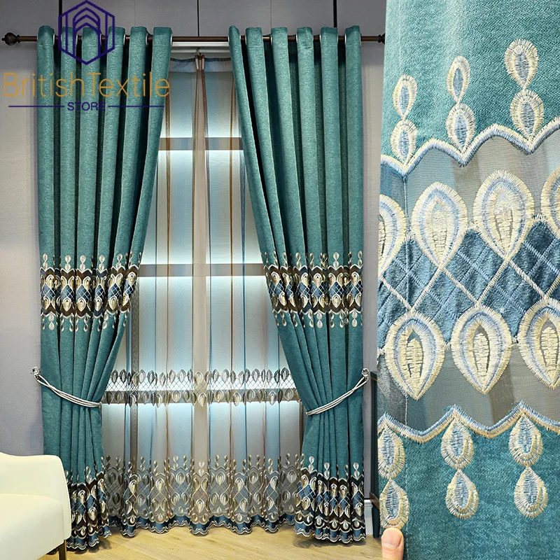 

Modern European American Curtains for Living Room Bedroom Dining Luxury Peacock Blue Hollow Chenille Embroidery Custom Product