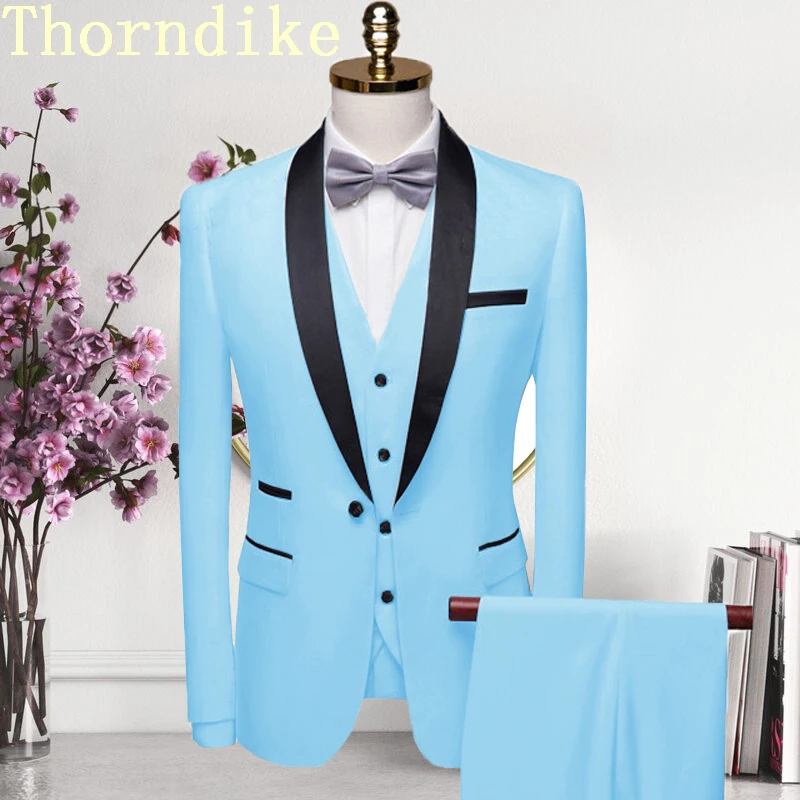 Mens Suit Thorndike Men Suit Black Collar Male Wedding Groom Slim Fit Standerd Size Blazer Set Tuxedo(Jacket+Pant+Vest)