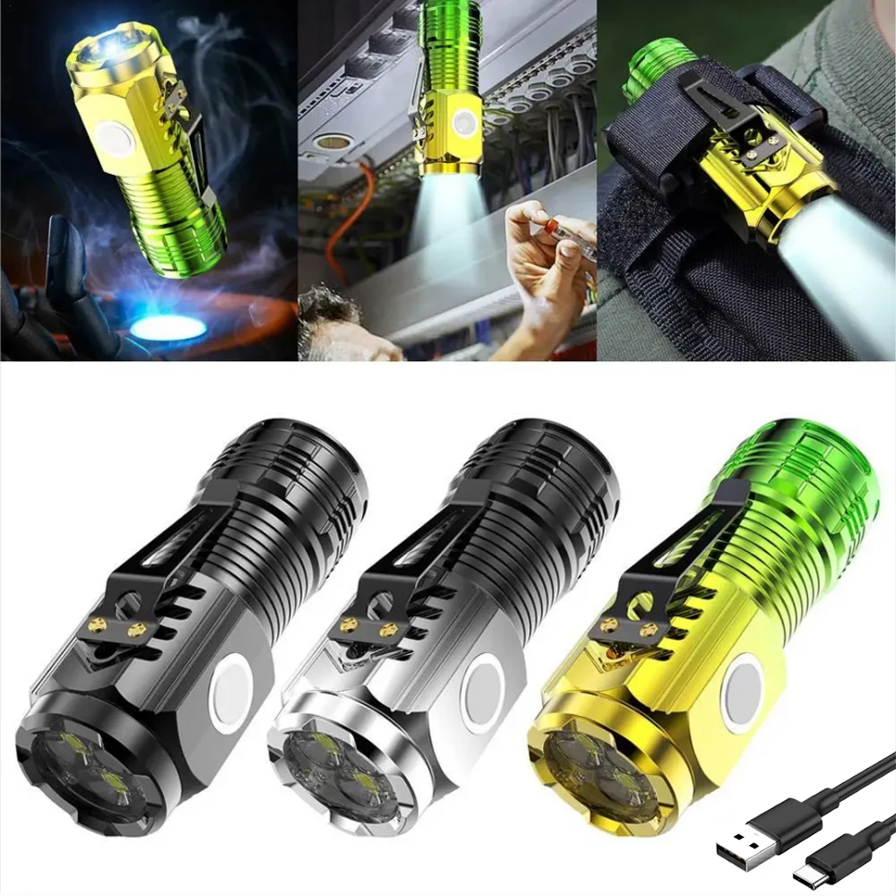 슈퍼 브라이트 휴대용 미니 LED 손전등 내장 배터리, USB 충전식 토치, 테일 자석 포함, 3 안 비상 랜턴