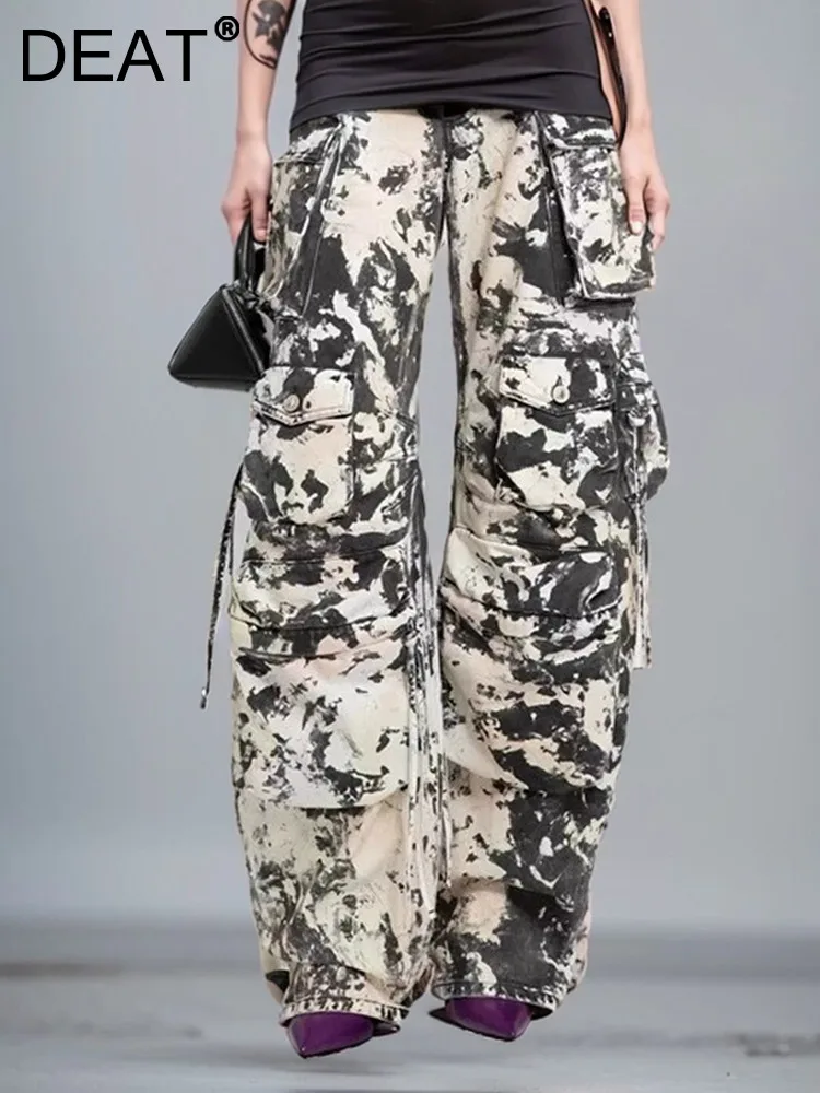 

DEAT Trendy Fashion Contrast Color Tie Dye Cargo Pants 2024 Summer New High Waist Multi Pockets Bandage Trousers Female 11XX9083