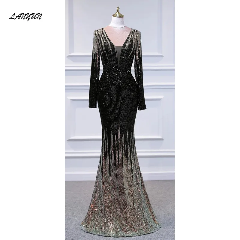 Sexy Deep V Sequin Long Sleeves Style MerMaid EvEning Dresses Formales Vestidos Fiesta Robe Soiree De Mariage Party Banquet sexy sequin prom dress 2021 sweetheart off the shoulder pink long evening party gown robe de soiree vestidos hot