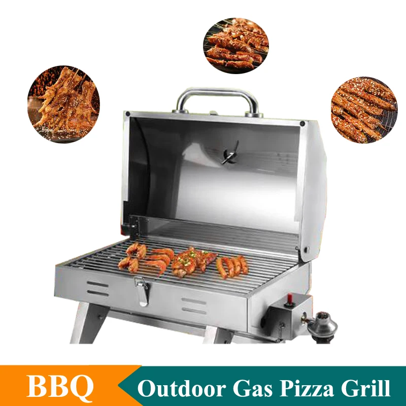 

New Portable Family Outdoor Party Dinner BBQ Stainless Steel Single Row Gas BBQ Pizza Barbecue Grill
