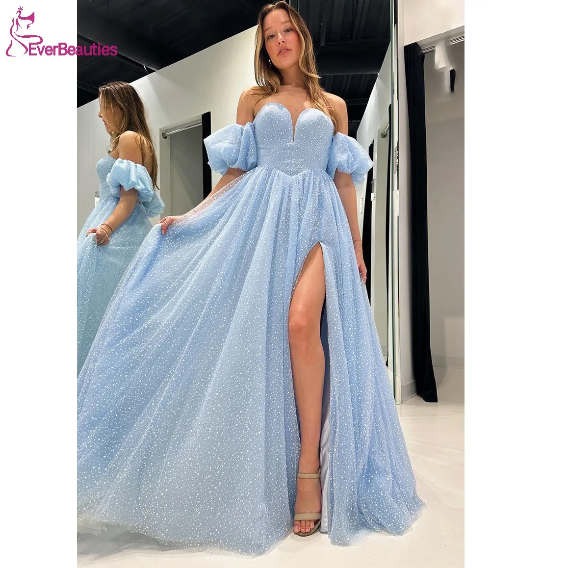 

A Line Prom Dress Long Glittery Tulle Evening Dress Plus Size Vestidos De Gala Mujer Short Sleeves Formal Party Dress with Slit