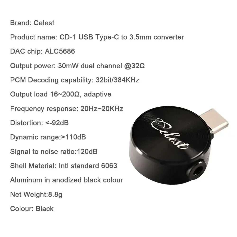 Kinera Celest CD-1 HiFi Earphone USB C DAC Amp Type-C to 3.5mm Decoding 384kHz 32bit Headphone Adapter Chip Converter Dongle