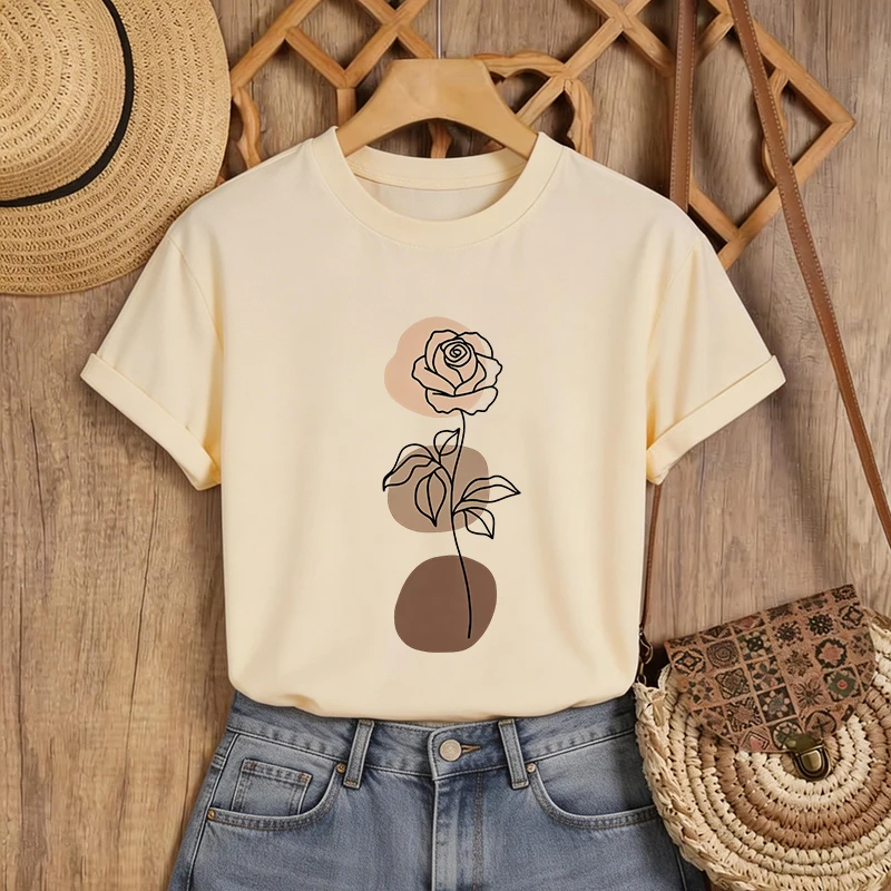Damen-T-Shirt mit Rundhalsausschnitt und minimalistischem Blumenlinienkunst-Design mit beigefarbenem und braunem Rosen-Print, lässiges Grafik-T-Shirt für Frauen