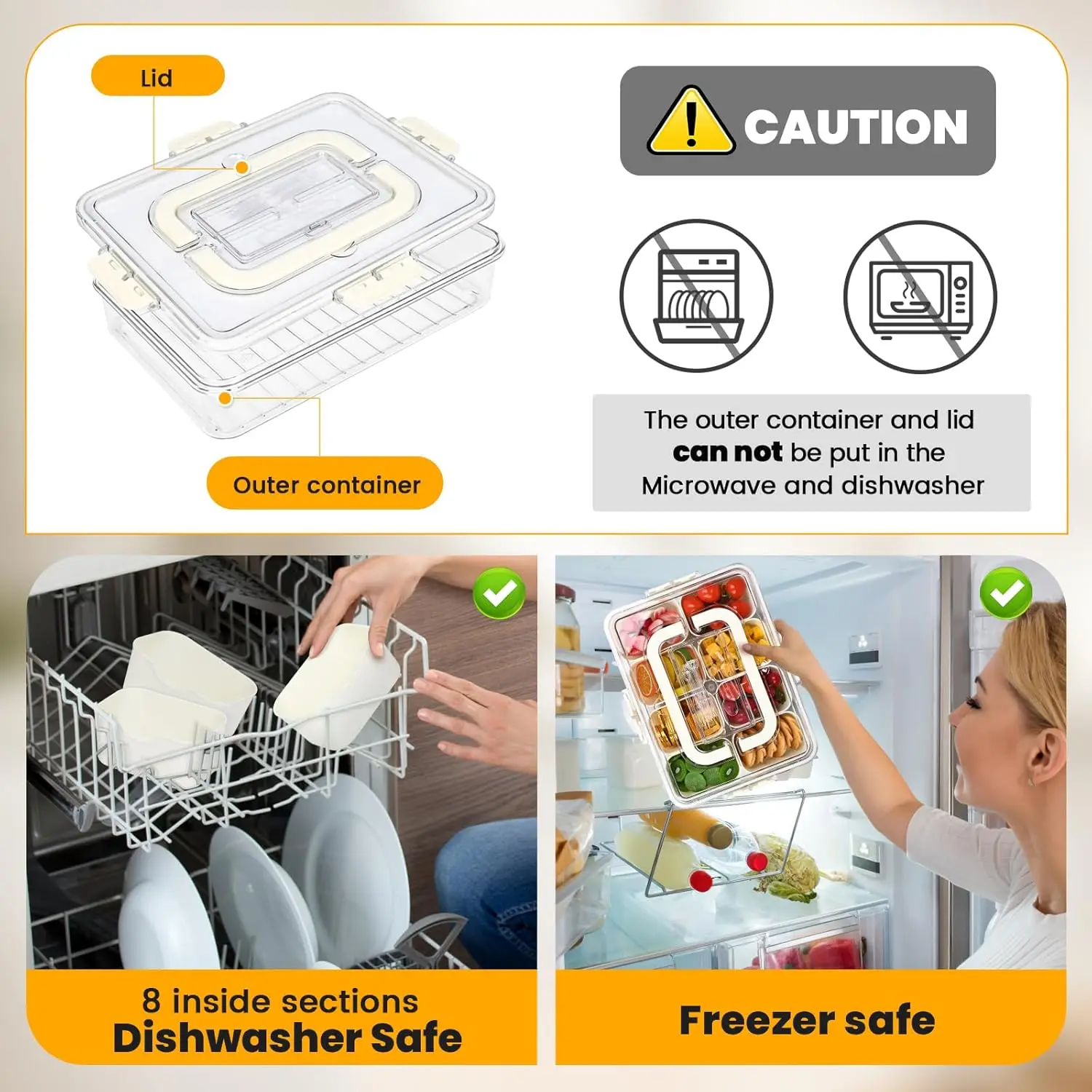 Portable Snackle Box Container  Divided Serving Tray with Lid and Handle Clear Snack Box Organizer for Fruits Candy, Snacks 6