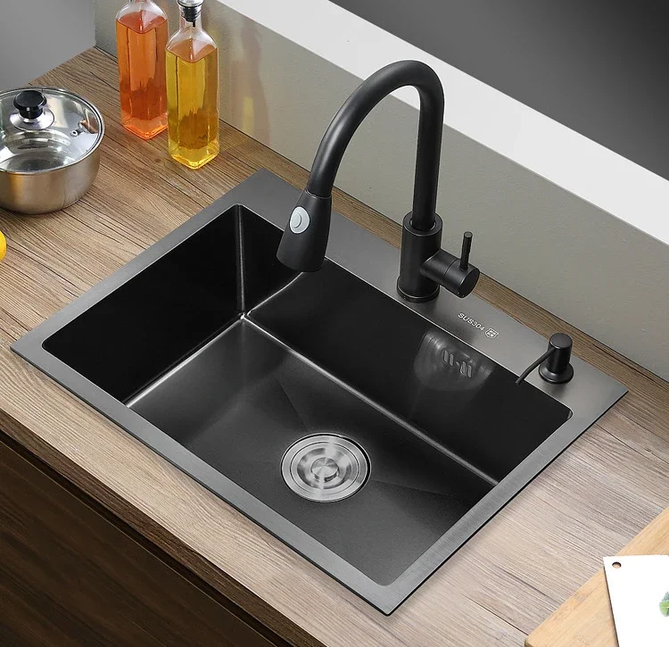 

Black Nano Sink Single Bowl Wash Basin Kitchen Accessories Drain Set 304 Stainless Steel Topmount/Undermount