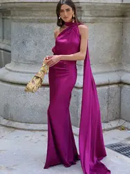 Elegant Satin Halter Maxi Dress with Scarf Collar - Sleeveless Backless Evening Gown - M (Purple)