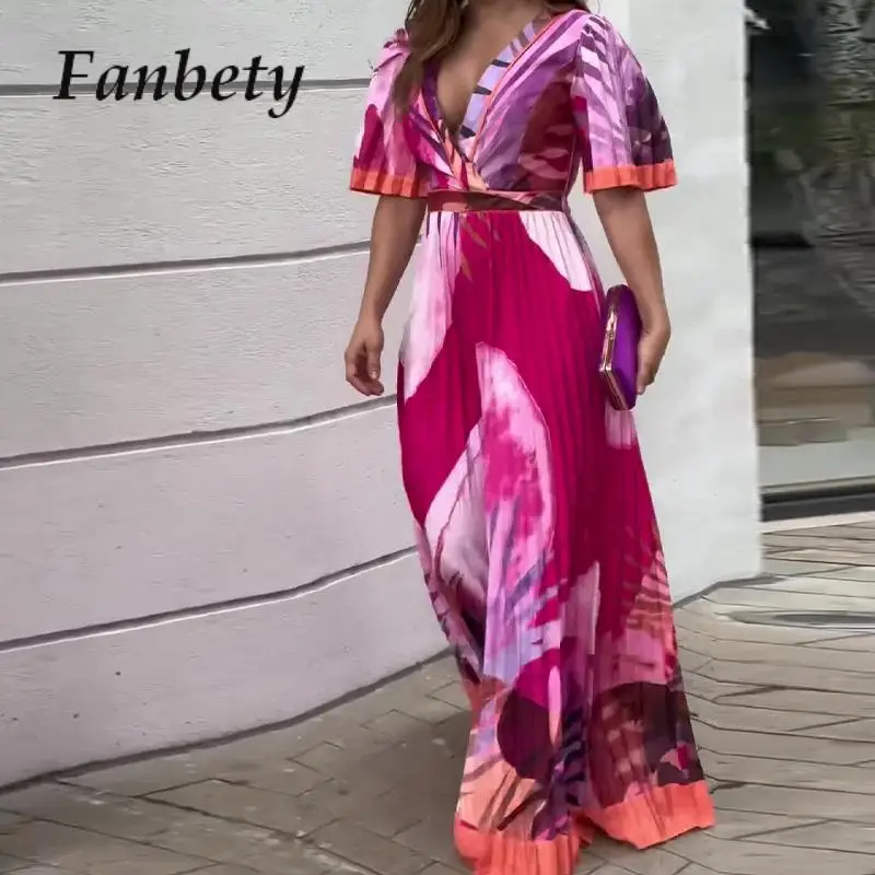 

Women 2024 V Neck High Waist Office Overalls Summer Chic Loose Playsuit Commuter Short Sleeve Pattern Pleated Long Jumpsuit