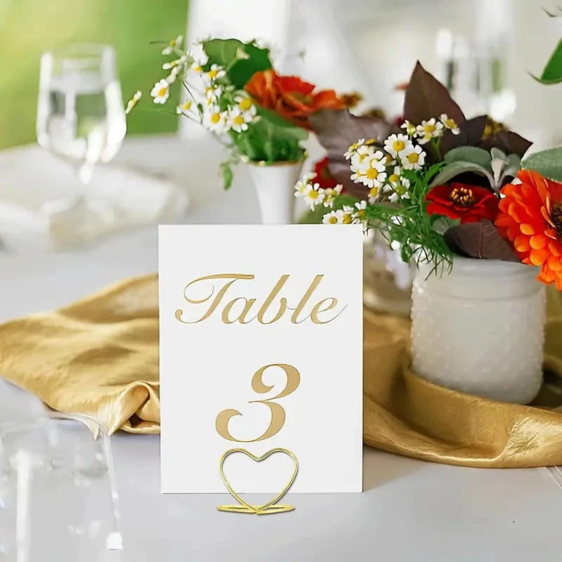 10PCS Metal Place Card Holders Golden Heart-shaped Photo Clip Wedding Table Number Name Sign Stand For Banquet Party Supplies