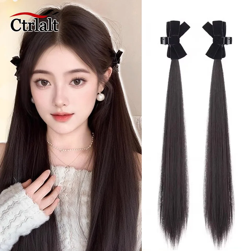 Synthetic 2pc Long Straight Ponytail with Bownot Claw Ponytail Hair Extension Black Brown Natural Fake For Women Daily