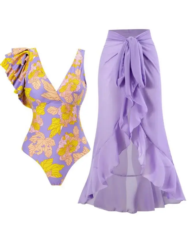 Two Peice Sets New Fashion 2023 Summer Casual Womens Plants Print Ruffle Hem One-Piece Swimsuit with Cover Up Beach Vacation