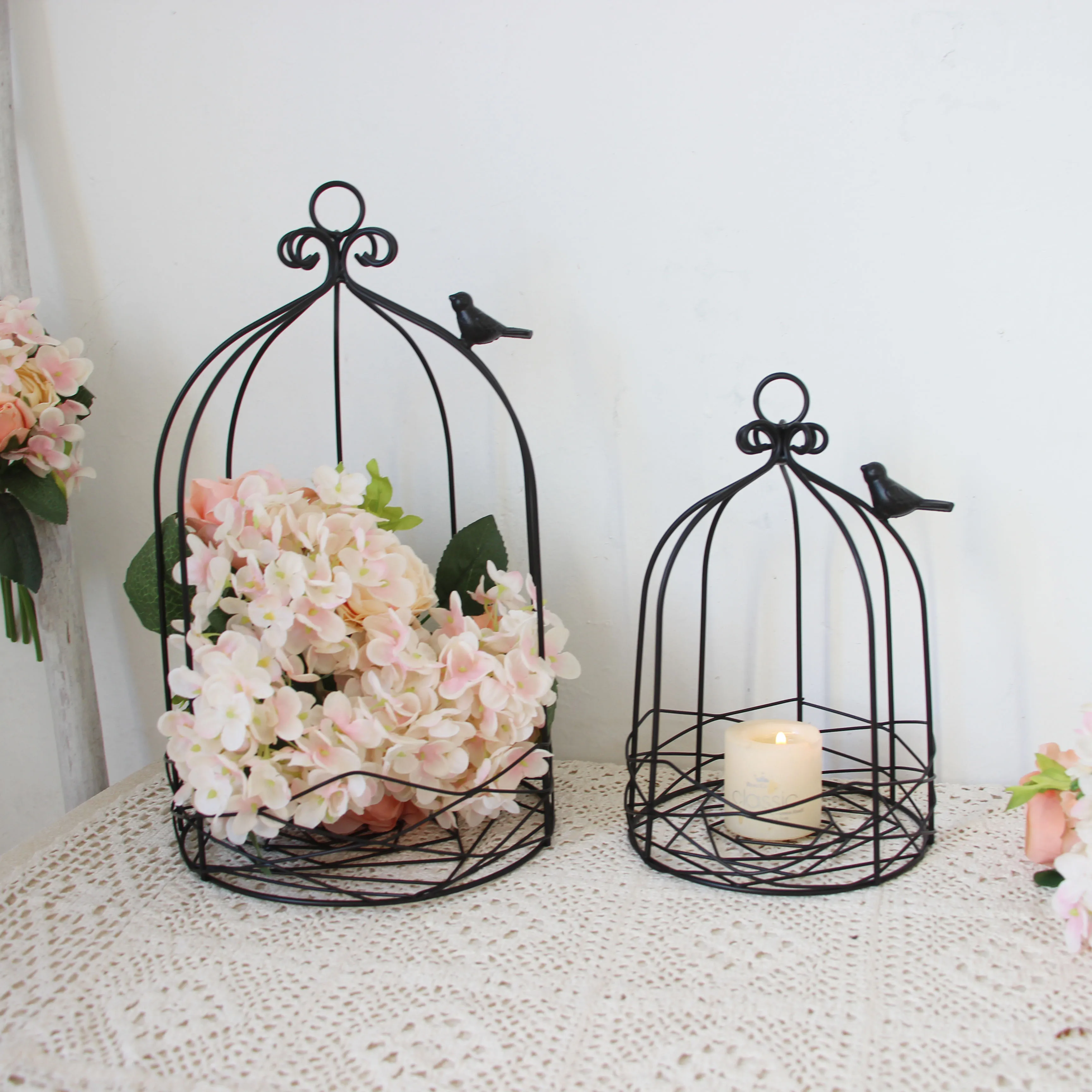 Outdoor Modern iron garden metal birdcage black line cage Bird hook decoration hanging flowerpot succulent plants bird cage
