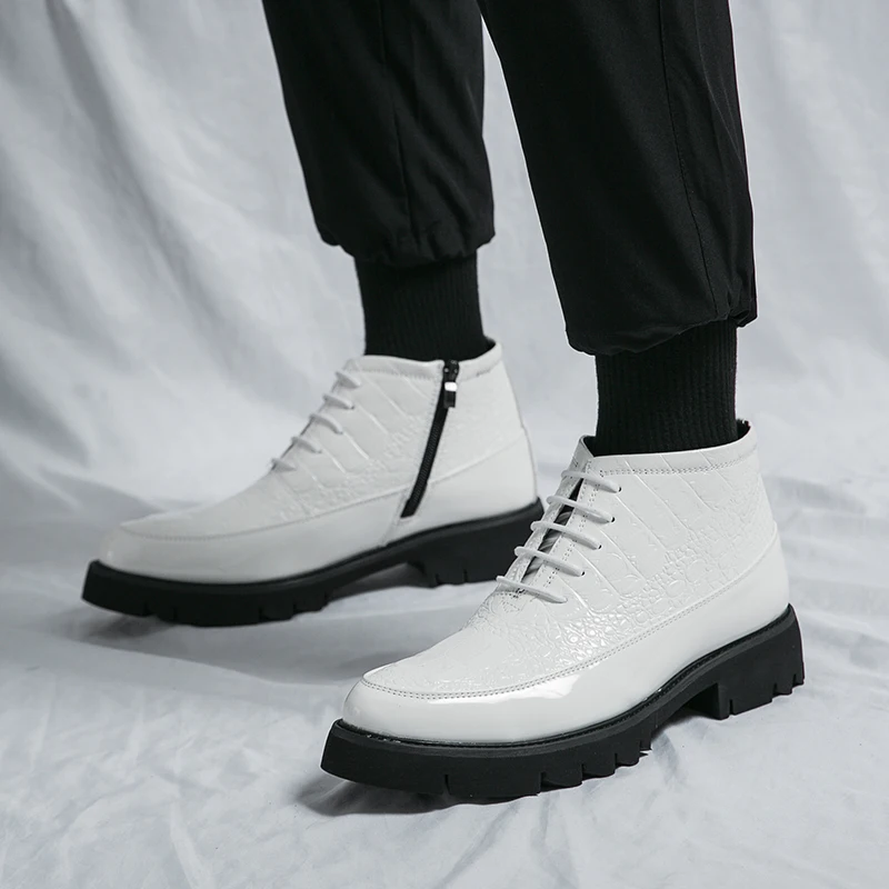 

White High Top Boots Men Leather Shoes Fashion Motorcycle Ankle Boots For Men Thick Bottom Boots Man Shoes Lace-Up Short Boots