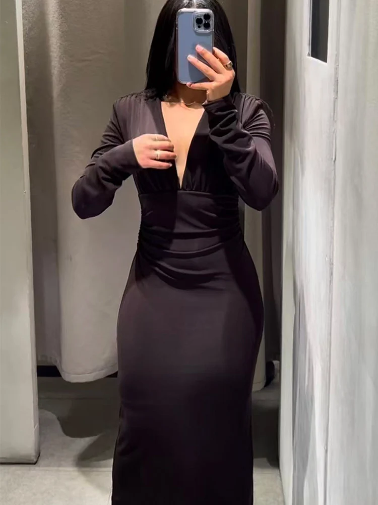 Women's Deep V Neck Dress Long Sleeve Folds Bodycon Sexy Elegant Evening Party Midi Dresses Fashion Solid Spring New Long Dress