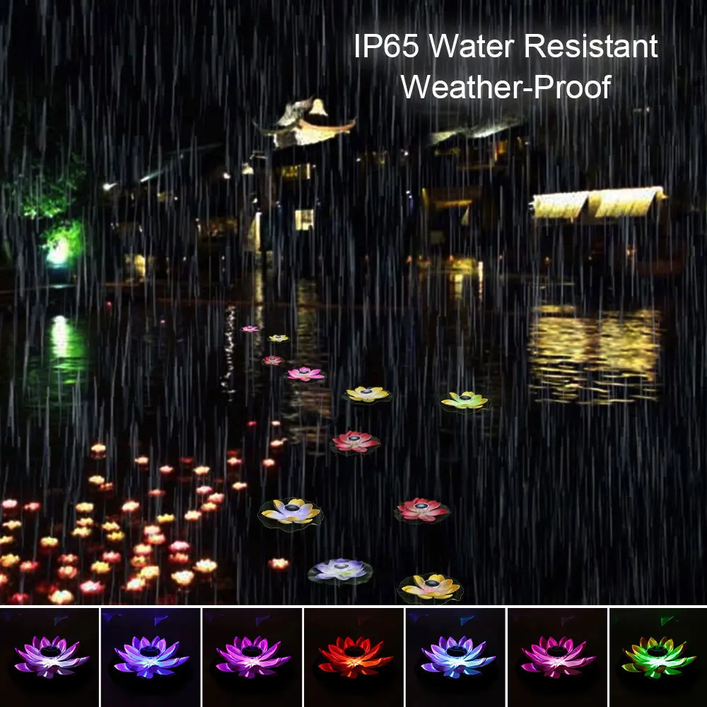 LED Floating Lotus Light Solar Powered Lotus Lamp with 7 Colors RGB Waterproof Water Floating Night Lamp for Garden Pool Party