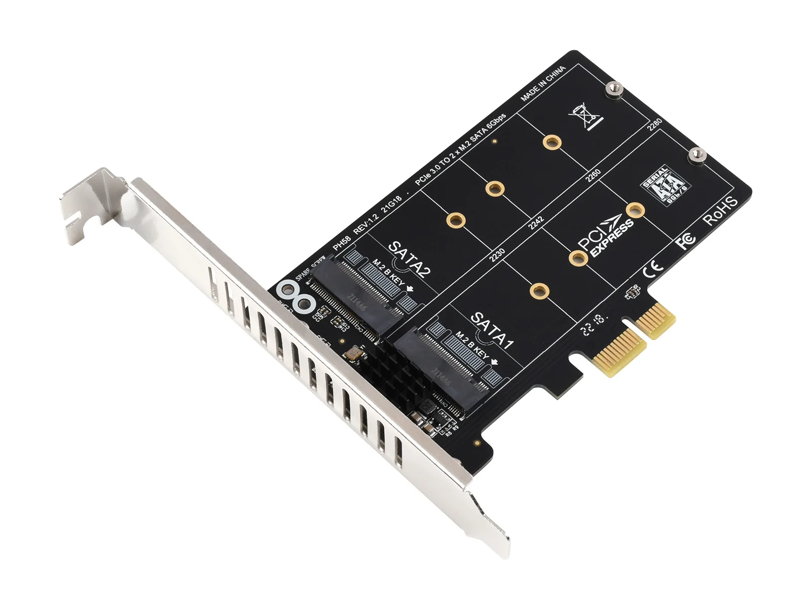 

PCIe X1 to 2-ch M.2 SATA 6Gbps Expander, JMB582 control chip,Adopts JMB582 Control Chip With High-Speed Transmission