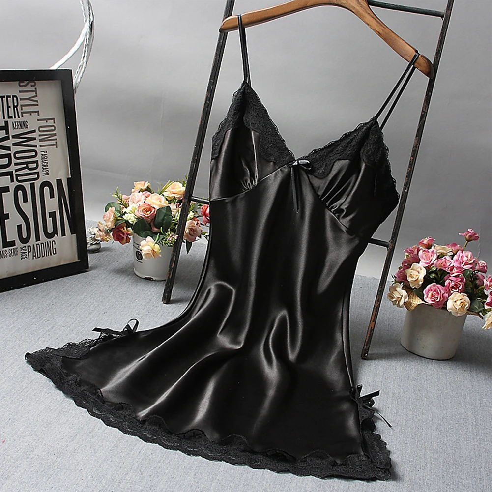Fashion Women's Sexy Satin Nightdress Lace Spaghetti Strap Mini Dress Sleepwear Ladies Wrap Short Dresses women nightgowns women nightdresses sleeping dress