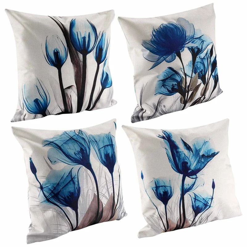 

Decorative Throw Pillow Covers Blue Flower Cushion Covers Linen Square Throw Pillow Cases For Living Room Pillowcases
