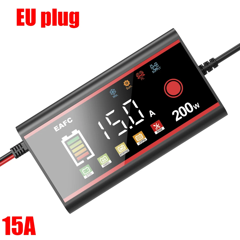 EAFC 200W/100W Automatic Car Battery Charger 12V 15A/8A for Lead-Acid, LiFiPO4, GEL, and AGM Batteries