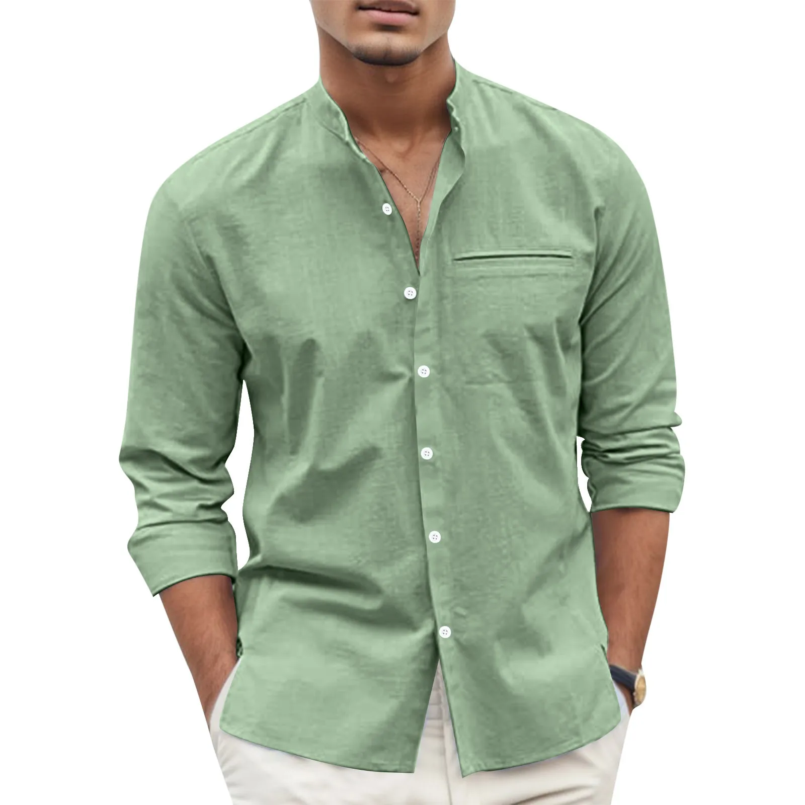 

Green Summer Shirt Men Henley Collar White Blouses Male Long Sleeve Casual Slim Tops Tees Solid Color Beach Hawaiian Blusas