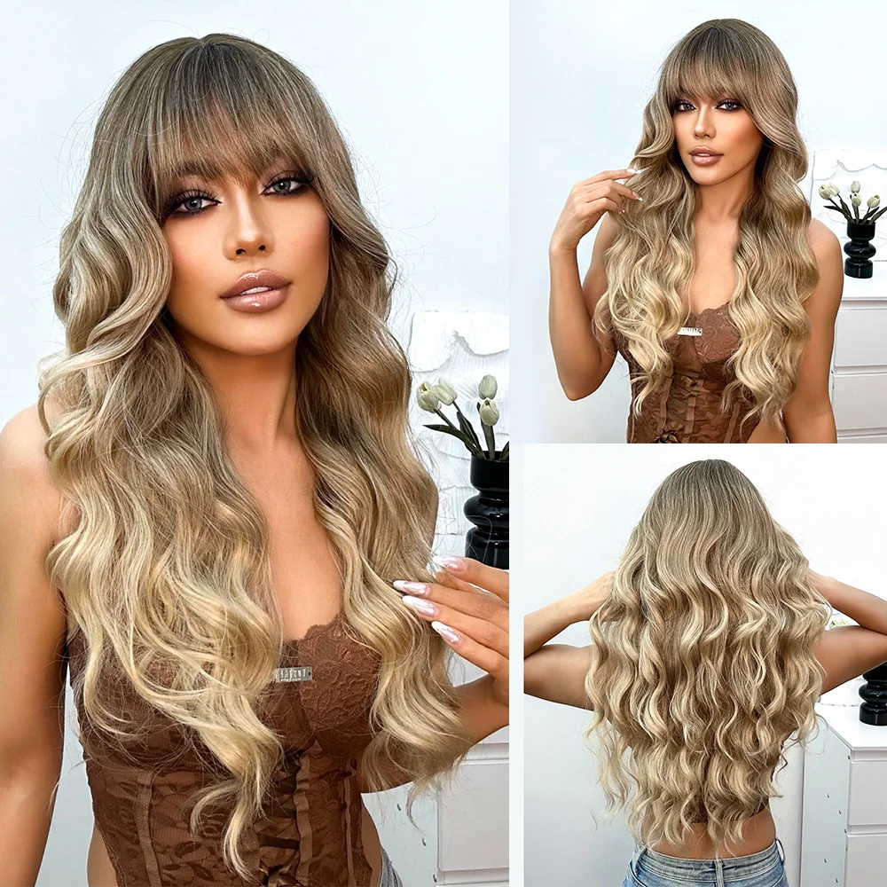 

Long Ombre Light Brown Synthetic Wavy Wig with Bangs Cosplay Daily Curly Wigs for Black Women Afro Natural Heat Resistant Hair