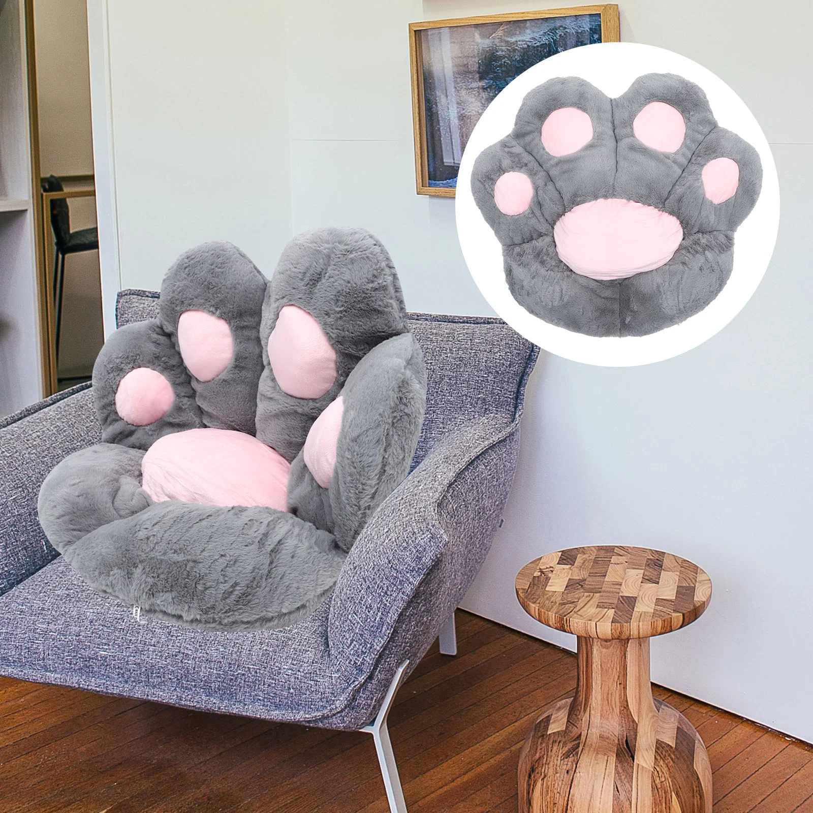 

Car Chair Cushion Round Cushions Back Cat Paw Faux Rabbit Fur Fabric Half Surrounded Seat