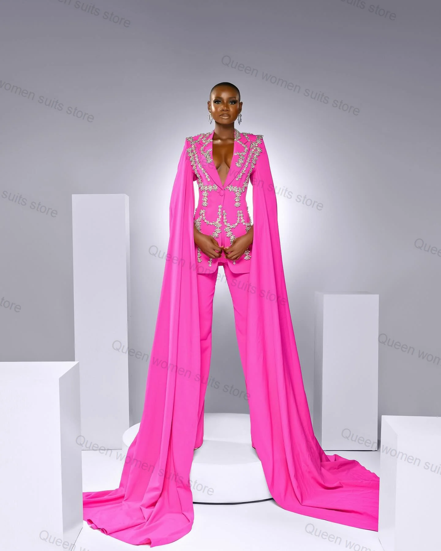 

Luxury Crystal Wedding Women Suit Set 2 Piece Blazer+Trousers Pink Red Jacket Coat Formal Full Sleeve Prom Dress Tailored Outfit
