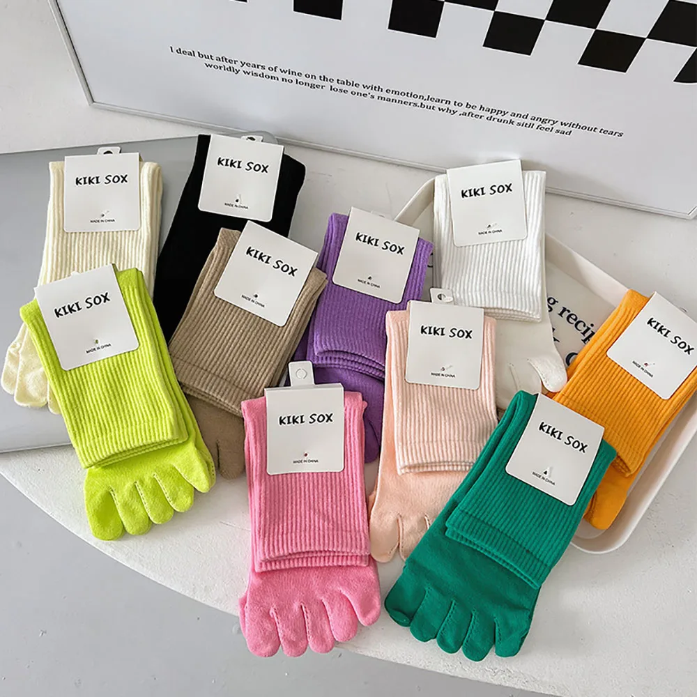 Candy Color Split-toe Cotton Socks Five Finger Middle Tube Long Socks Japanese Casual Girls Sports Breathable Yoga Socks