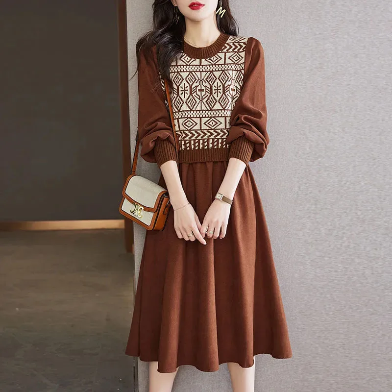 

Vintage Knitted Dress Autumn New Style Simple Temperament Hundred Tower Round Neck Patchwork Dress Women's A-line Long Veatidos