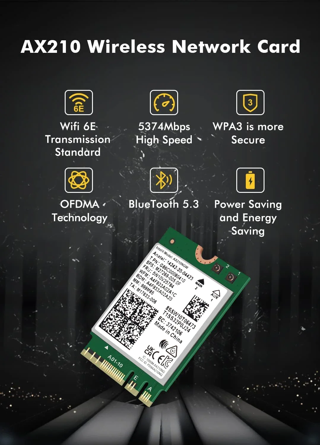 듀얼 밴드 와이파이 6E AX210 무선 2.4Gbps 블루투스 5.3, 802.11AX 무선 와이파이 6 AX210, 인텔 AX210NGW M.2 NGFF Wlan 와이파이 카드용