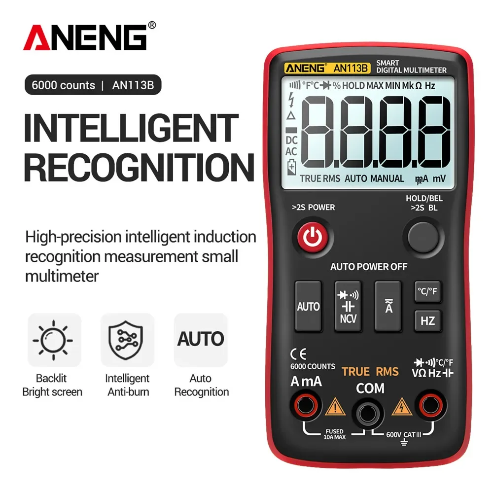 ANENG AN113B Digital Multimeter True RMS with Temperature Tester 6000 Counts Auto-Ranging AC/DC Transistor Voltage Meter digital multimeter