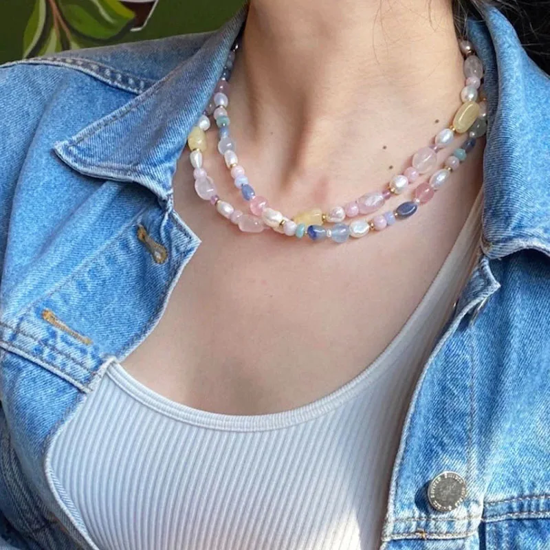 

Bohemian Natural Agates Beaded Necklace Handmade Baroque Pearl Embellished Aesthetic Accessories Women Gioielli Estivi 2022