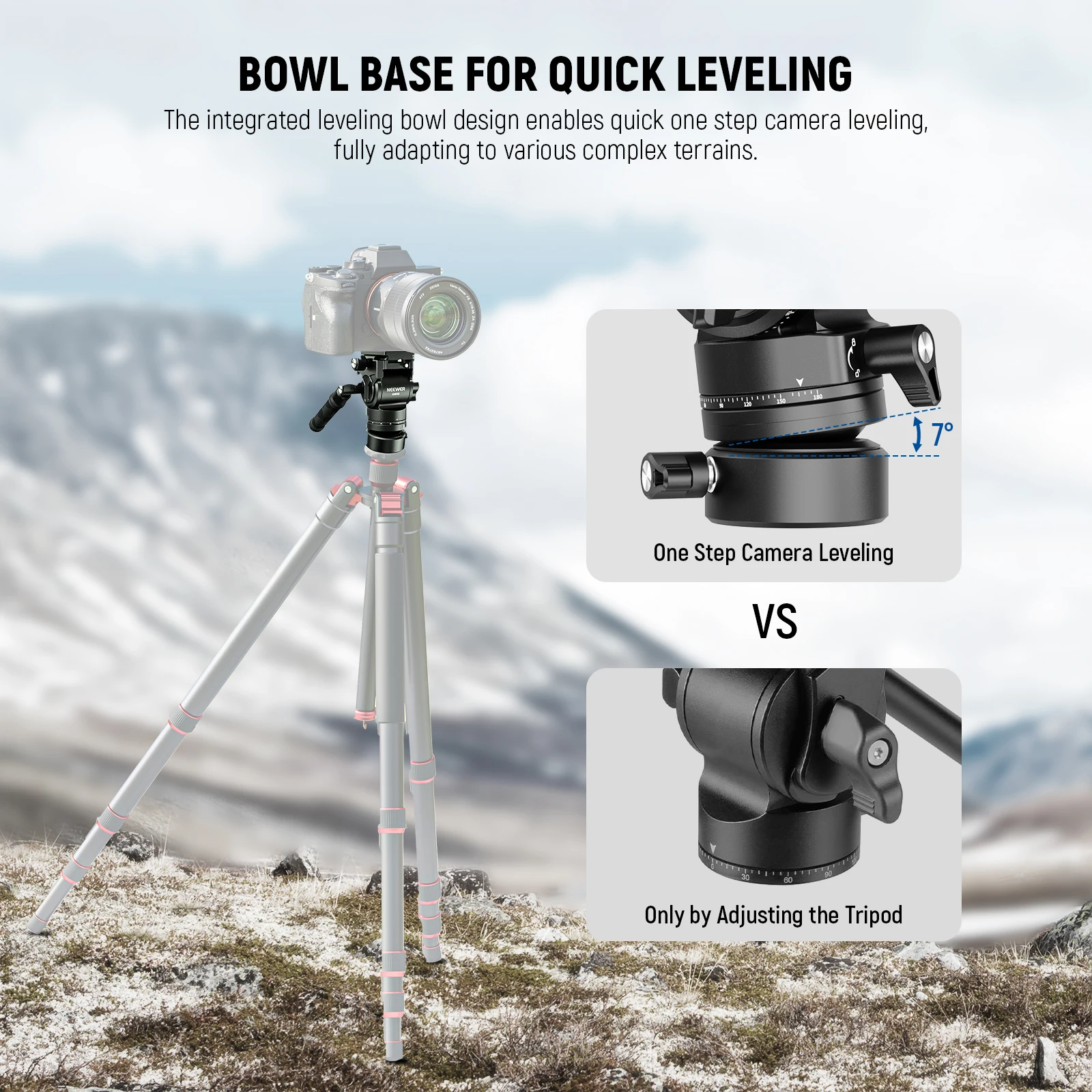 NEEWER Tripod Fluid Head with Leveling Base Metal Mini Pan Tilt Video Head Mount Telescopic Handle for DSLR Camera